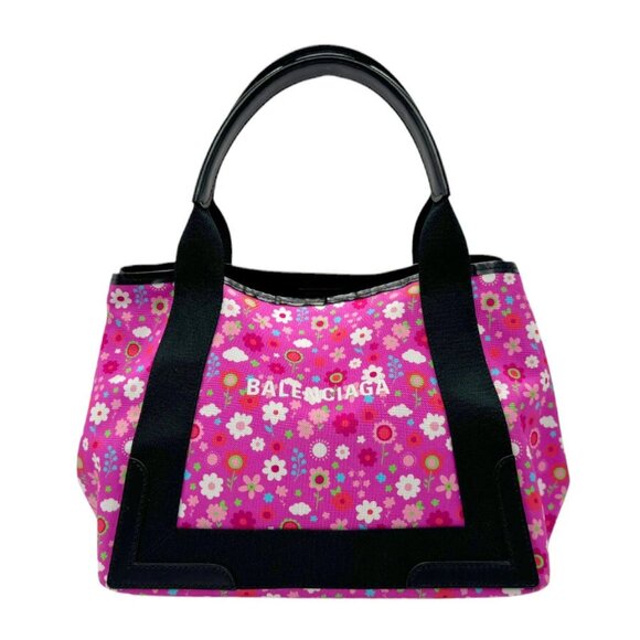 Auth BALENCIAGA Navy Cabas XS Handbag Tote Bag Pink/Black Canvas - z2775 - Picture 1 of 16